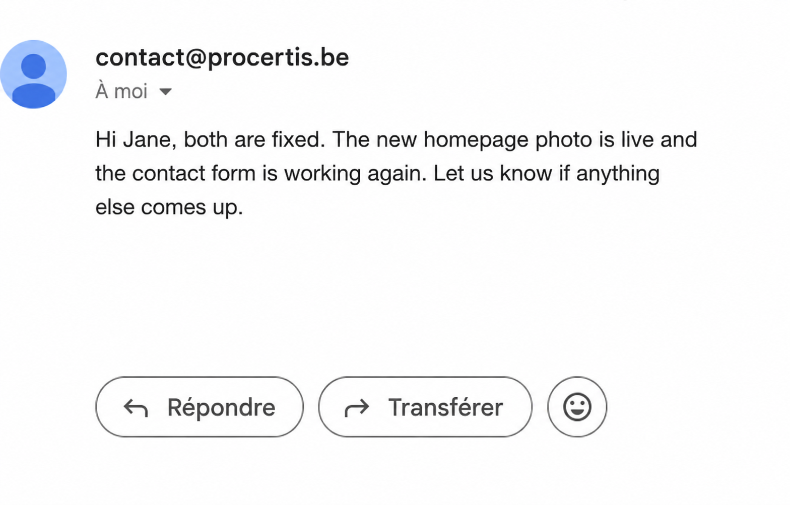 Support email confirming a fix